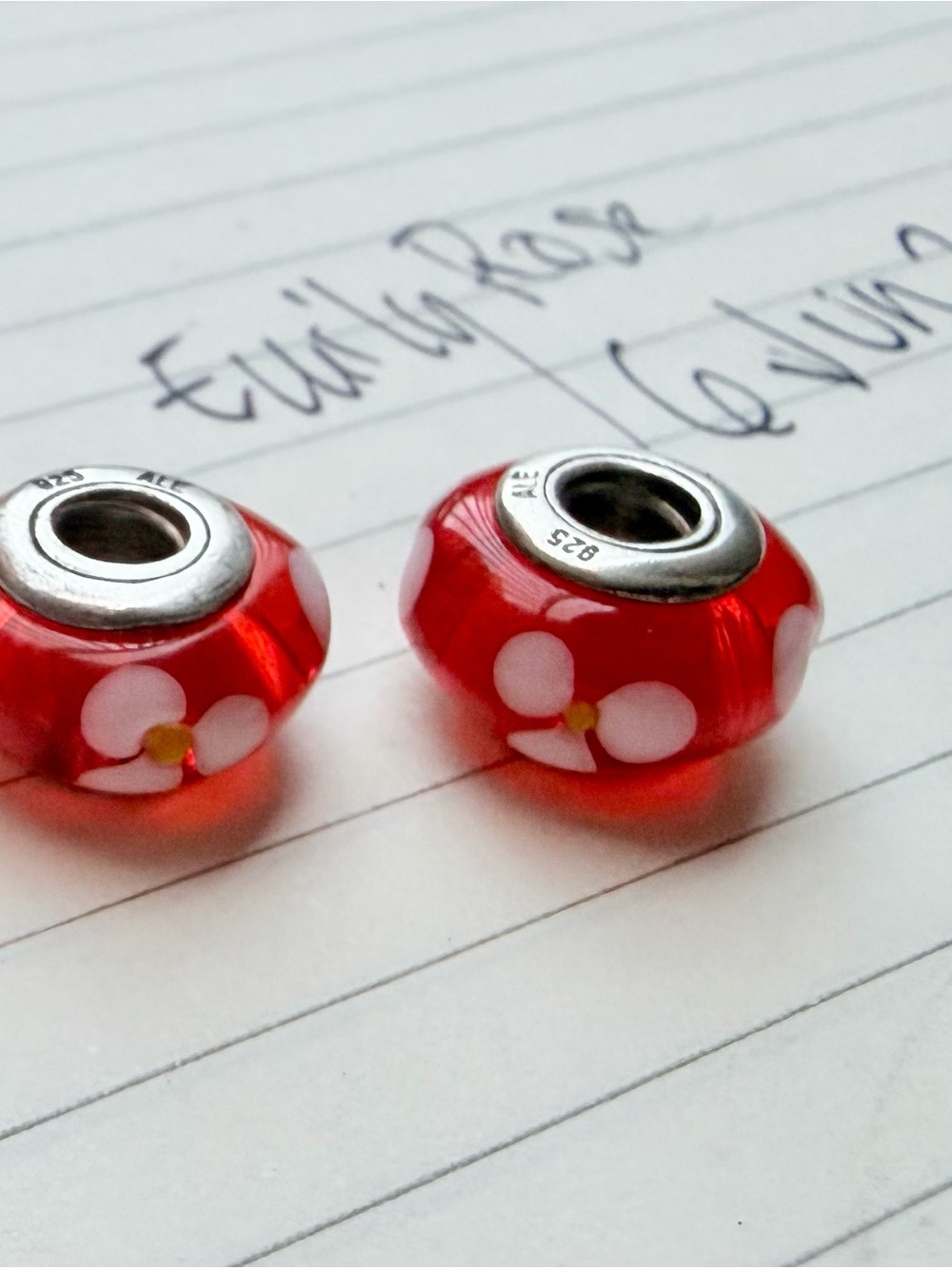 Authentic Pandora Cherry Red Murano Glass w/ White Flowers Charms (Pair)